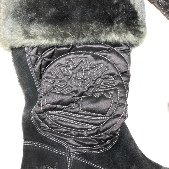 Timberland Suede Hollyberry Pull-On Winter Boot Faux Fur Trim Black 6.5 - Picture 2 of 8